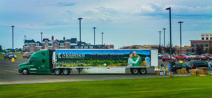 Melaleuca semi truck on disaster relief site loaded with food and Melaleuca products